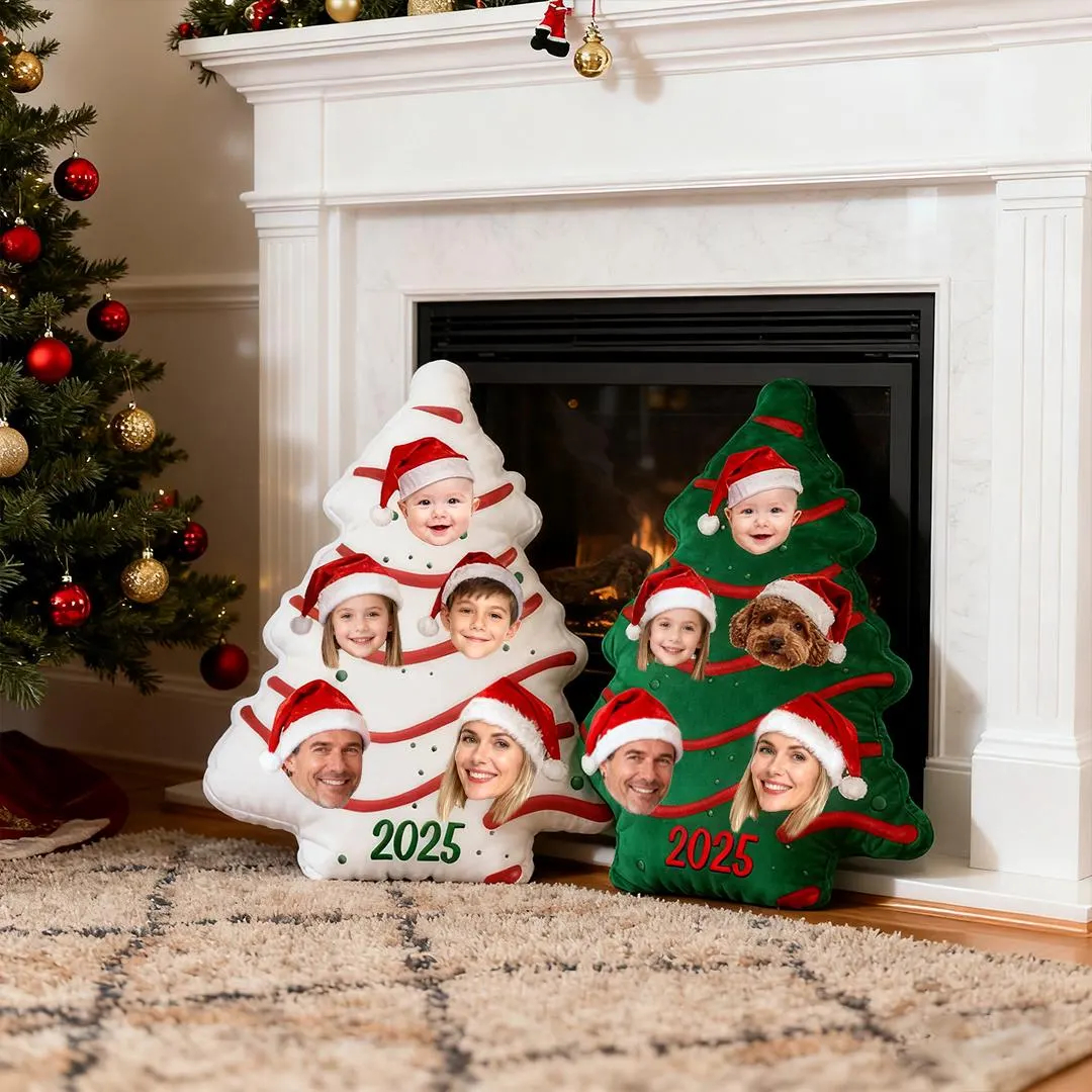 Personalized Christmas Tree Pillow, Custom Family Photo Cushion with Pets and Kids, Festive Holiday Gift, 2025 Christmas Decor