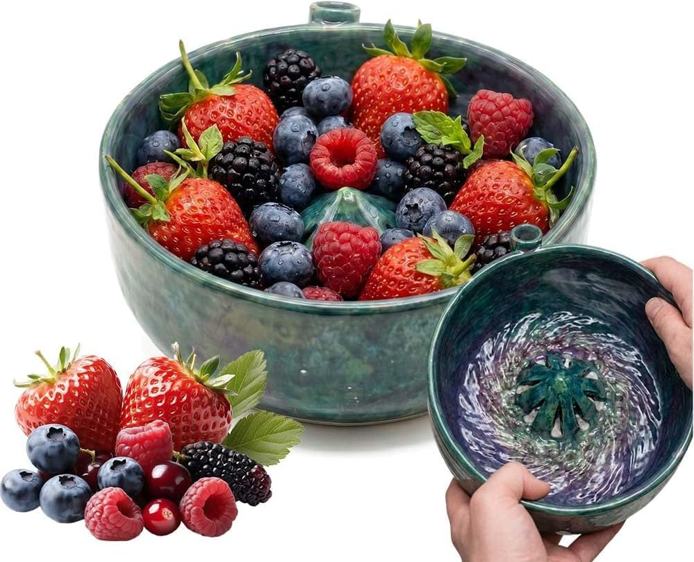 Self Spinning Ceramic Berry Washing Bowl with Drain Holes, 360 Degree Fruit Swirl Colander with Center Cone, Automatic Quick Kitchen Rinse Washer for Berries Vegetables & Fruit Serving
