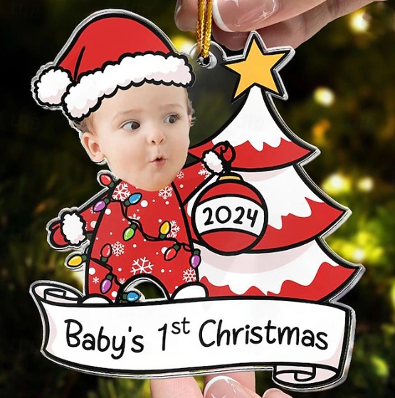 Personalized Photo Christmas Ornaments Baby's First Christmas Acrylic 2D Custom Baby Face Christmas Tree Ornaments Xmas Decoration Hanging Pendant Gifts