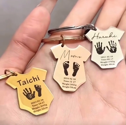 Custom Baby Handprint Footprint Keychain, Personalized Newborn Birth Stats Keyring, Engraved Baby Name Onesie Charm, Unique Baby Shower Gift for New Mom Dad