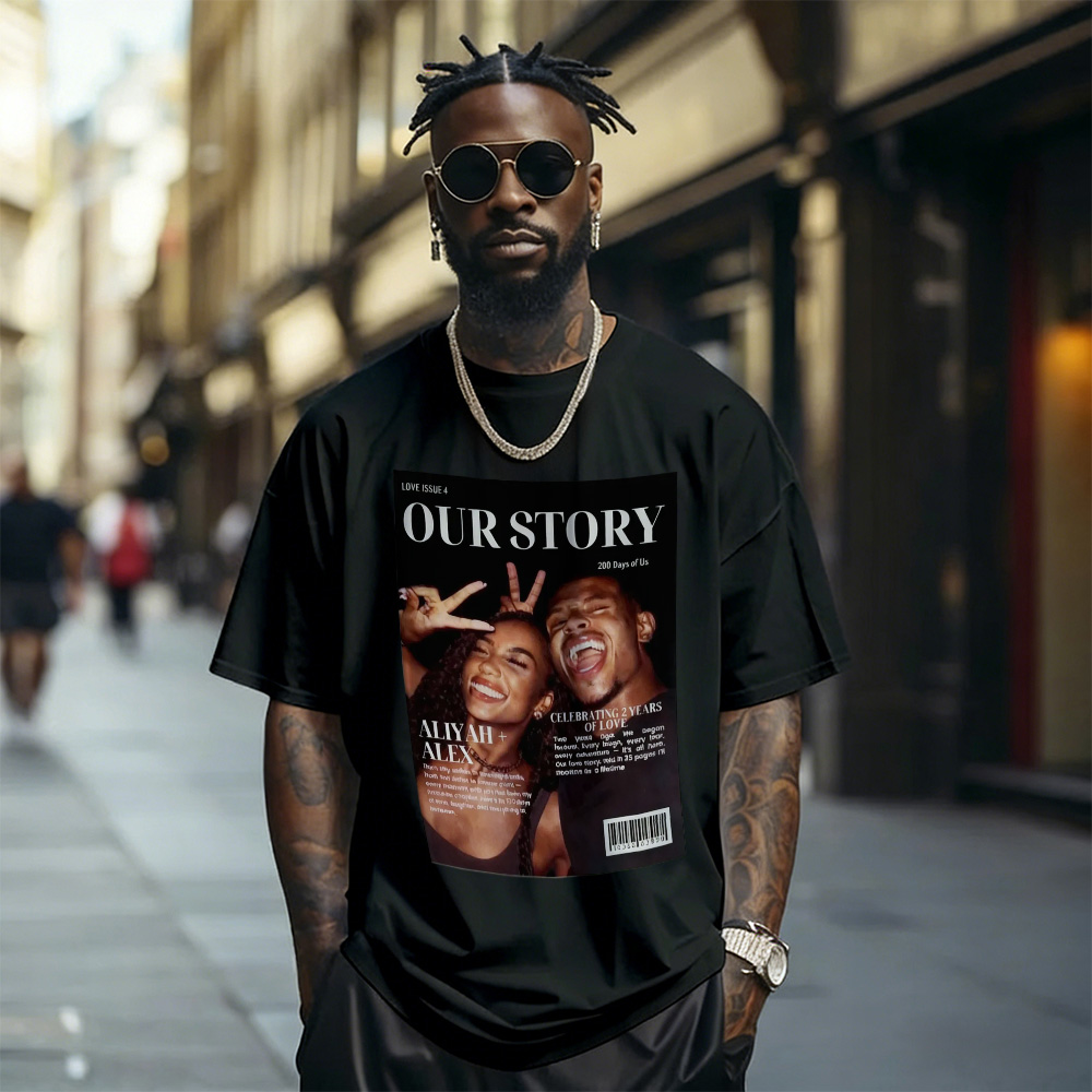 Custom Photo Magazine Tee Personalized Stylish T-shirt Couple Gifts Black - MyFaceTshirt