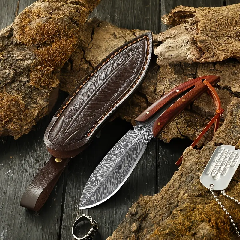 damascus pattern fixed blade hunting knife with ironwood handle leather sheath perfect outdoor survival camping knife gift details 9