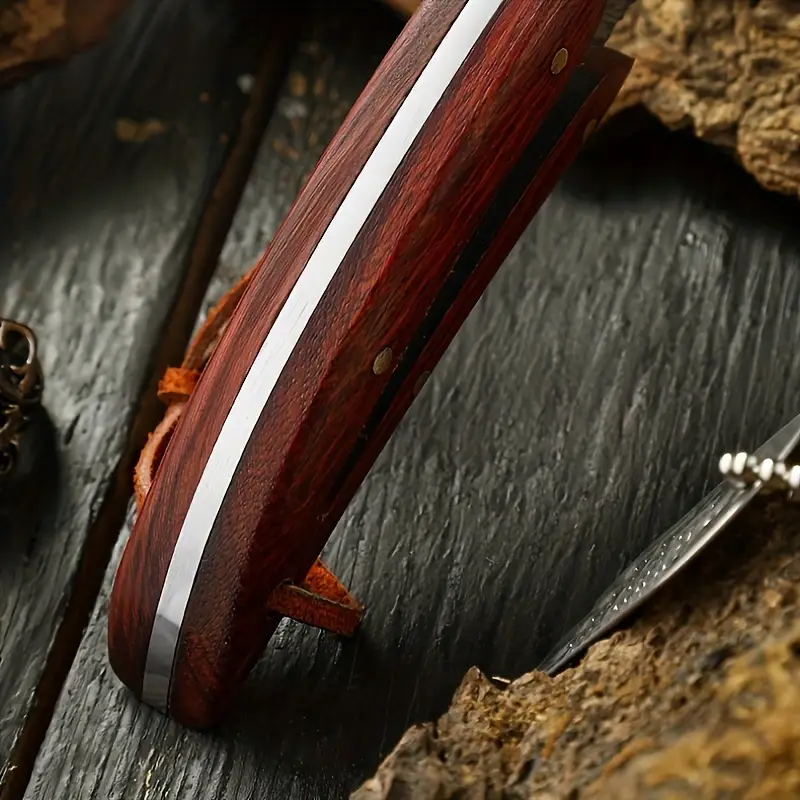 damascus pattern fixed blade hunting knife with ironwood handle leather sheath perfect outdoor survival camping knife gift details 6