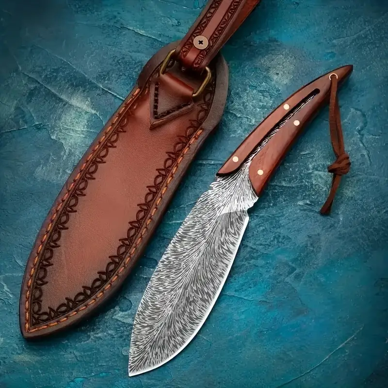 damascus pattern fixed blade hunting knife with ironwood handle leather sheath perfect outdoor survival camping knife gift details 1