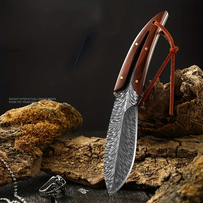 damascus pattern fixed blade hunting knife with ironwood handle leather sheath perfect outdoor survival camping knife gift details 7