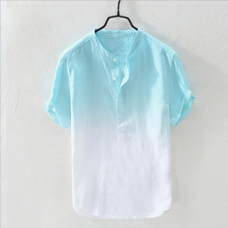Men's Cotton and Linen Thin Breathable Stand-up Collar Gradient Shirt