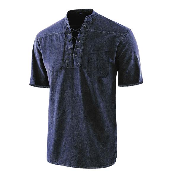 Men's Gothic Retro T Shirt Lace-up V-neck Denim Pocket Short Sleeve Te