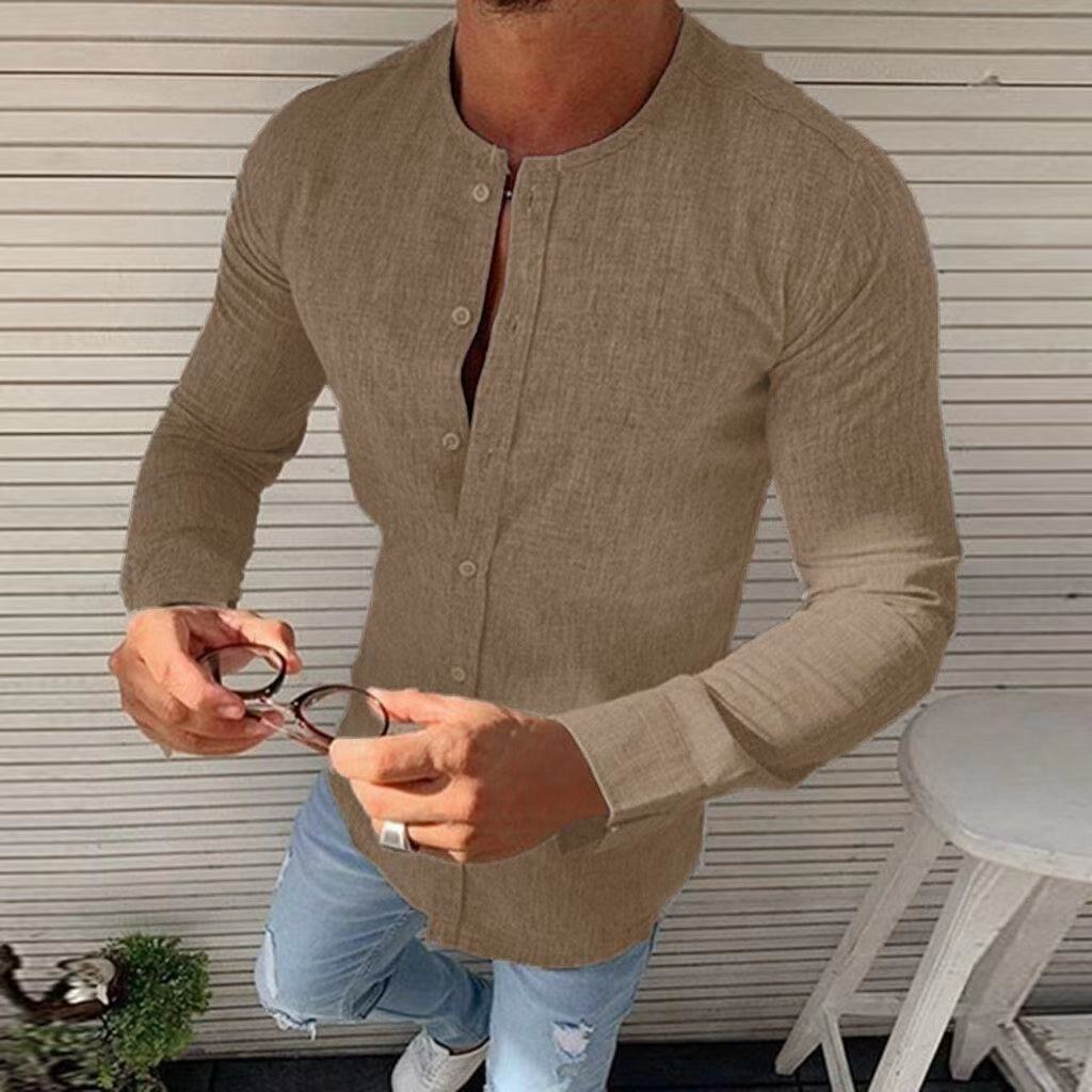 Men's Round Neck Linen Solid Color Shirt