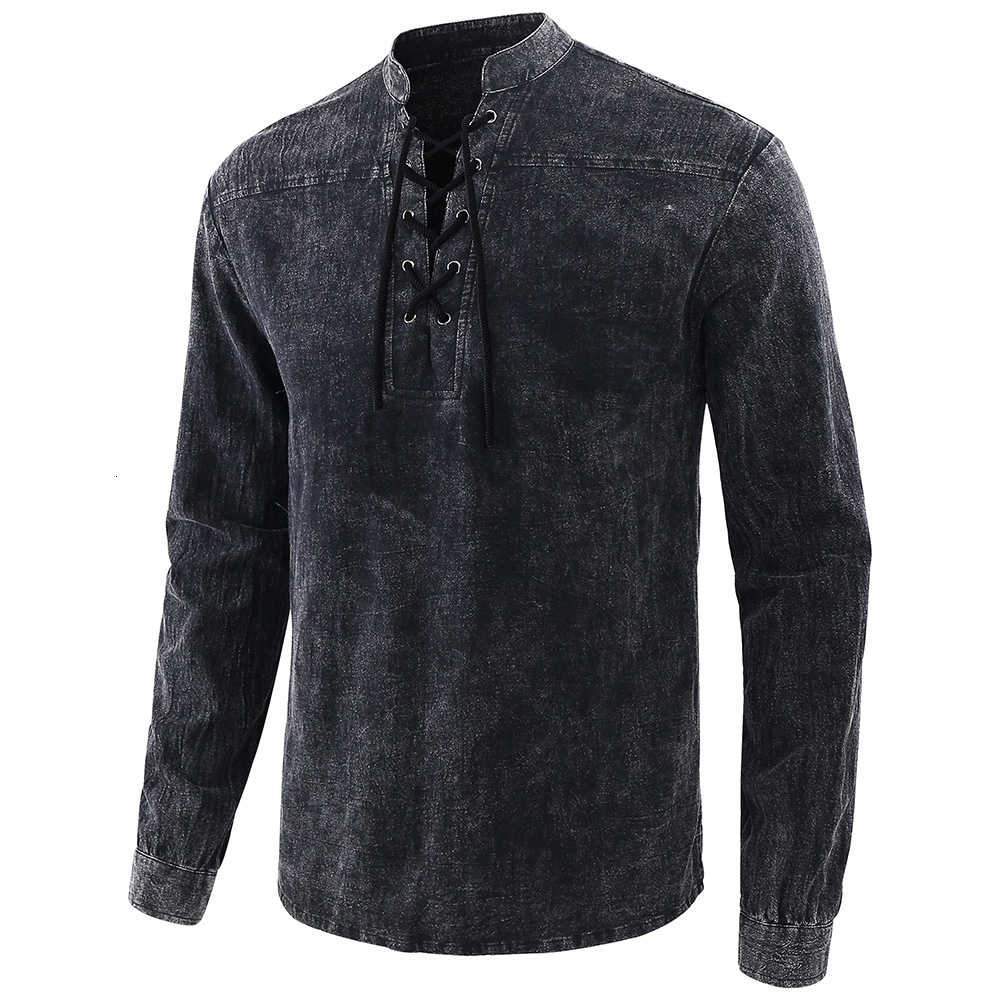 Men Gothic Retro T Shirt Lace-up V-neck Denim Long Sleeve Tee Shirt Lo