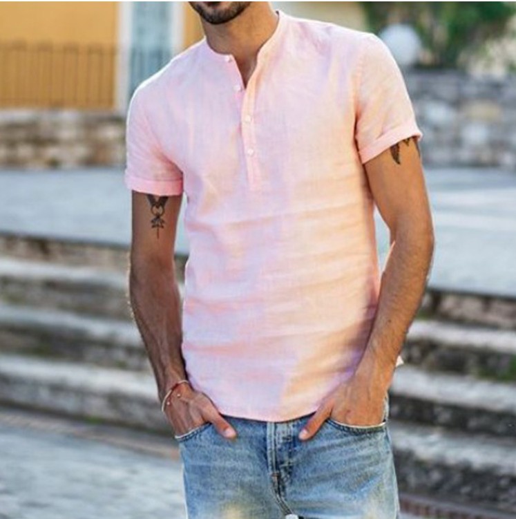 Men's Stand Collar Cotton Linen Short Sleeve Button Down Shirt