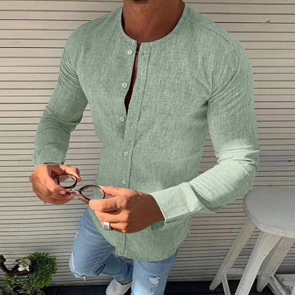 Men's Round Neck Linen Solid Color Shirt