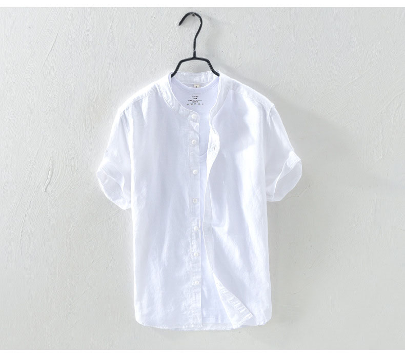Men's Solid Color Stand-up Collar Single-breasted Linen Short-sleeved Shirt