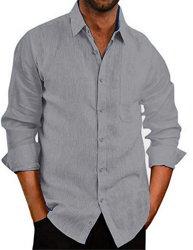 Men's Solid Color Lapel Button Linen Long-sleeved Shirt