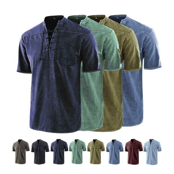 Men's Gothic Retro T Shirt Lace-up V-neck Denim Pocket Short Sleeve Tee Shirt Loose Tops