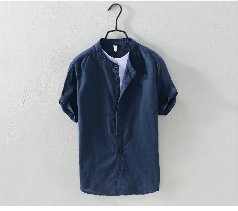 Men's solid color stand-up collar single-breasted linen short-sleeved 