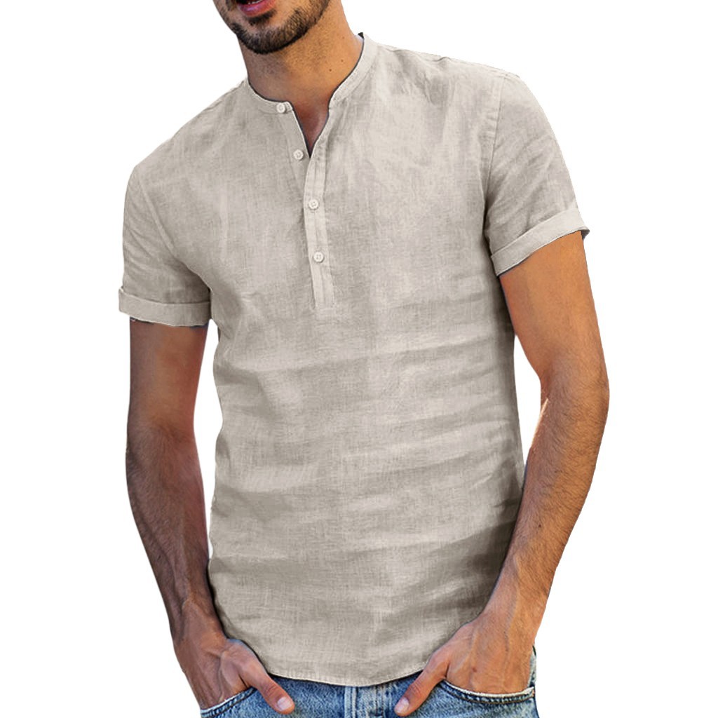 Men's Stand Collar Cotton Linen Short Sleeve Button Down Shirt