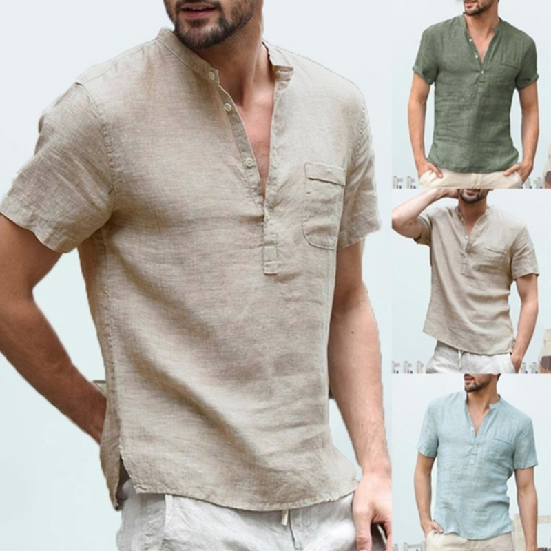 Men's Breathable Linen Button V-neck T-shirt Cotton and Linen Shirt