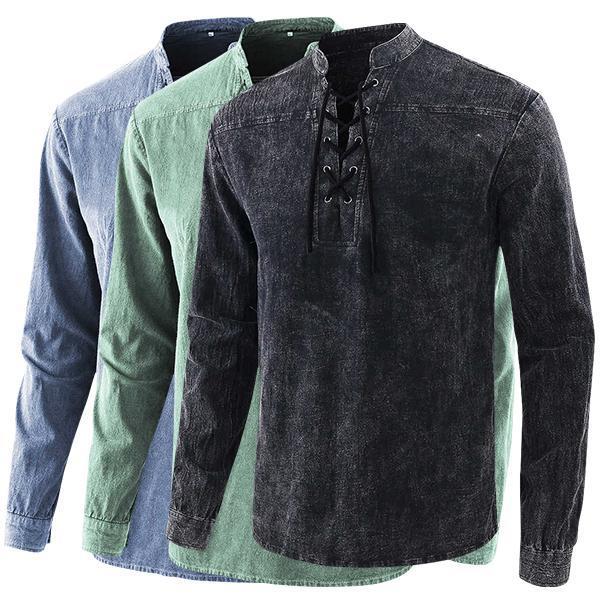Men Gothic Retro T Shirt Lace-up V-neck Denim Long Sleeve Tee Shirt Loose Tops