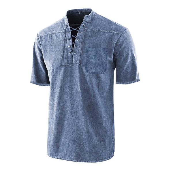 Men's Gothic Retro T Shirt Lace-up V-neck Denim Pocket Short Sleeve Tee Shirt Loose Tops