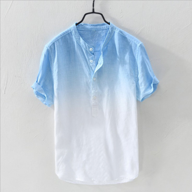 Men's Cotton and Linen Thin Breathable Stand-up Collar Gradient Shirt