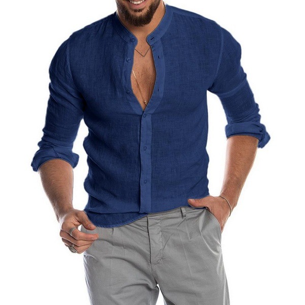 Men's New Linen Stand-up Collar Long-sleeved Shirt
