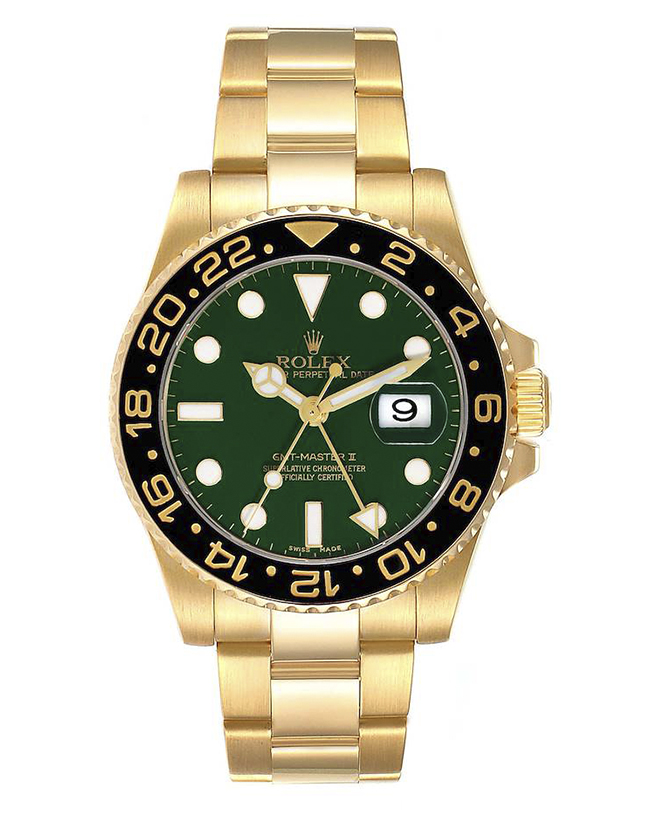 Rolex GMT Master II 18K Yellow Gold Green Dial Mens Watch 116718