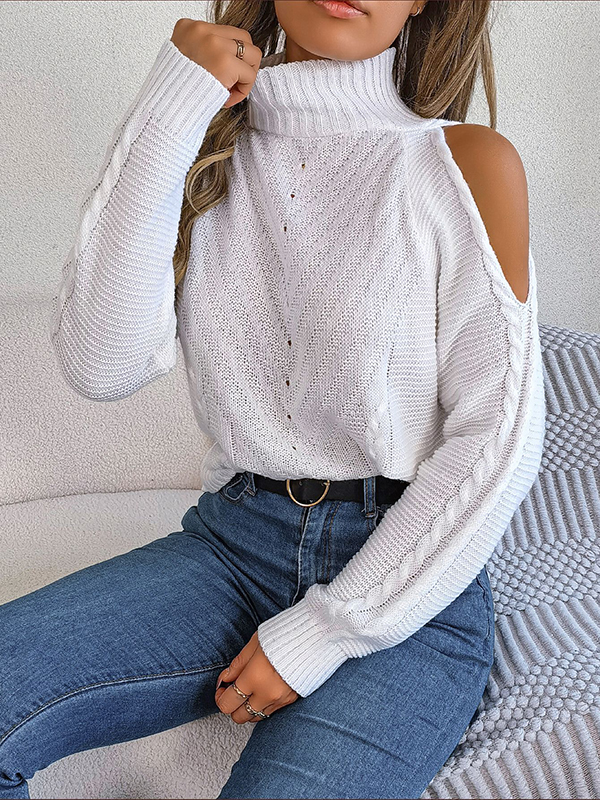 Long Sleeves Loose Solid Color Split-Joint Cold Shoulder Sweater Tops