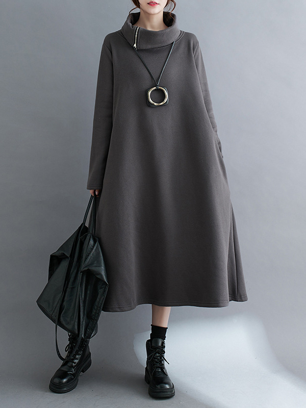 A-Line Long Sleeves Asymmetric Solid Color Zipper High Neck Midi Dresses
