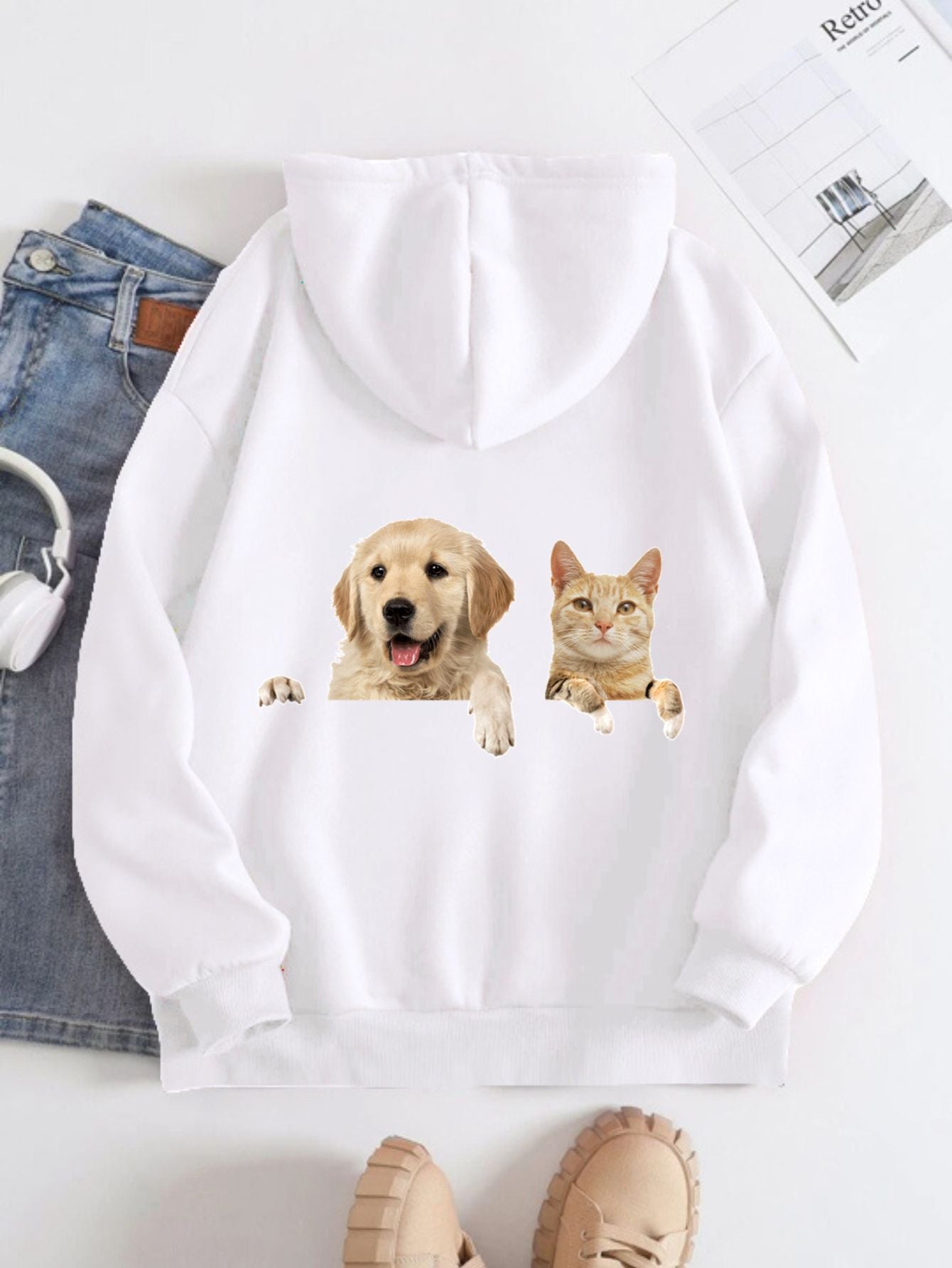 Printed on the Back Kangaroo Pocket Hoodie Long Sleeve for Women Pattern  Cats and Dogs