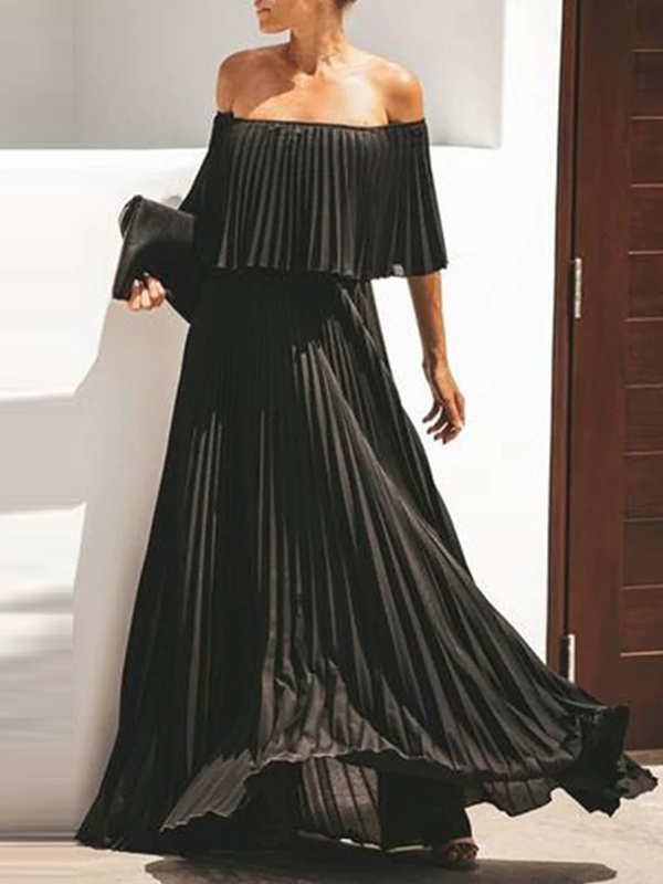 Loose Pleated Solid Color Off-The-Shoulder Maxi Dresses