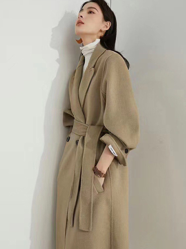 Office Belted Solid Color Notched Collar Wool Overcoat