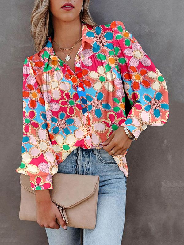 Bishop Sleeve Long Sleeves Buttoned Flower Print Lapel Blouses&Shirts Tops
