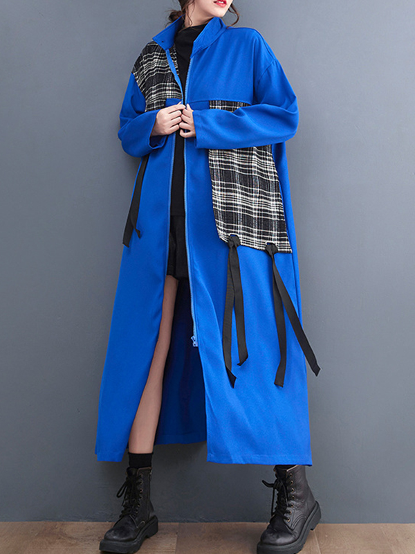 Original Long Sleeves Loose Contrast Color Plaid Split-Joint Zipper Stand Collar Outerwear