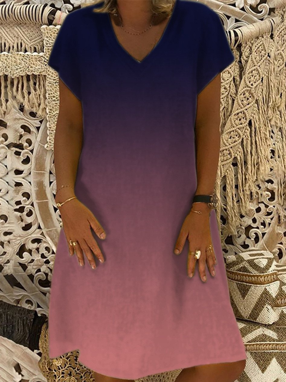 Women Short Sleeve V-neck Gradient Midi Dress