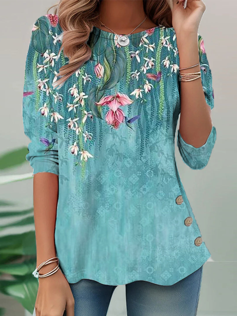 Women Long Sleeve Scoop Neck Floral Printed Graphic Button Tops
