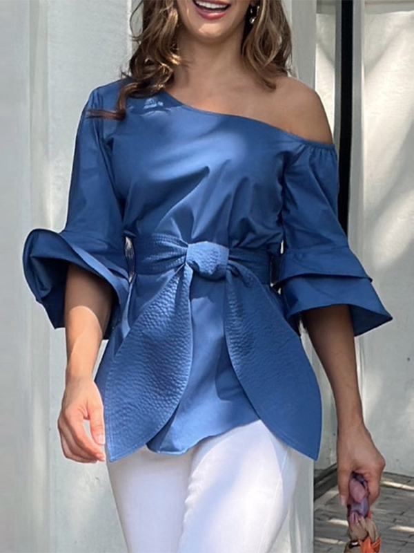 Flared Sleeves Asymmetric Knot Solid Color One-shoulder Blouses&shirts Tops