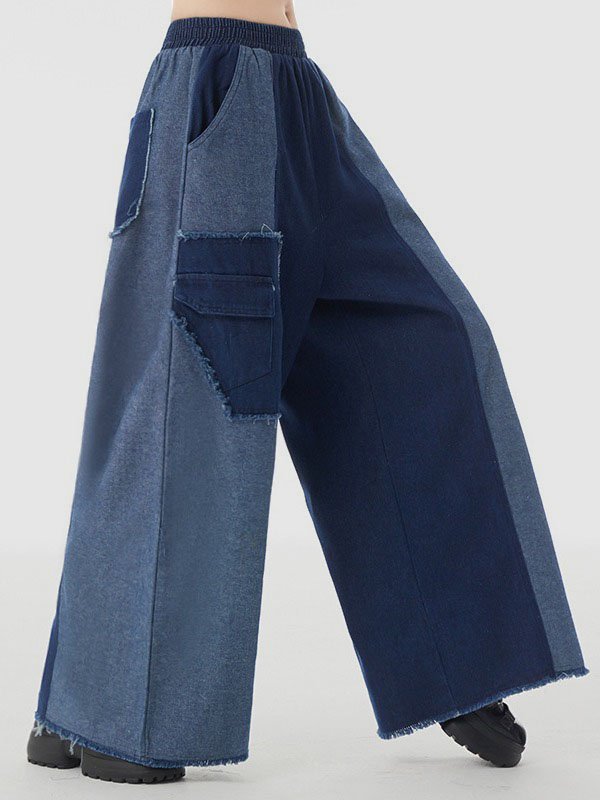 High Waisted Loose Contrast Color Elasticity Fringed Split-Joint Jean Pants Bottoms