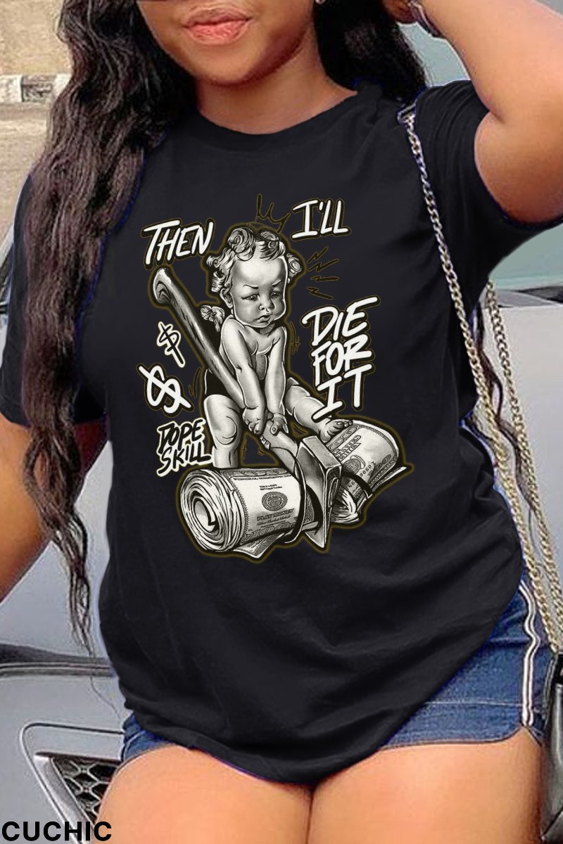 Black Casual Street Print Patchwork O Neck T-Shirts-CuChic