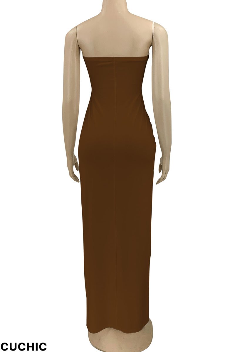 Coffee Sexy Solid Hollowed Out Split Joint Fold Strapless Straight Dresses-CuChic