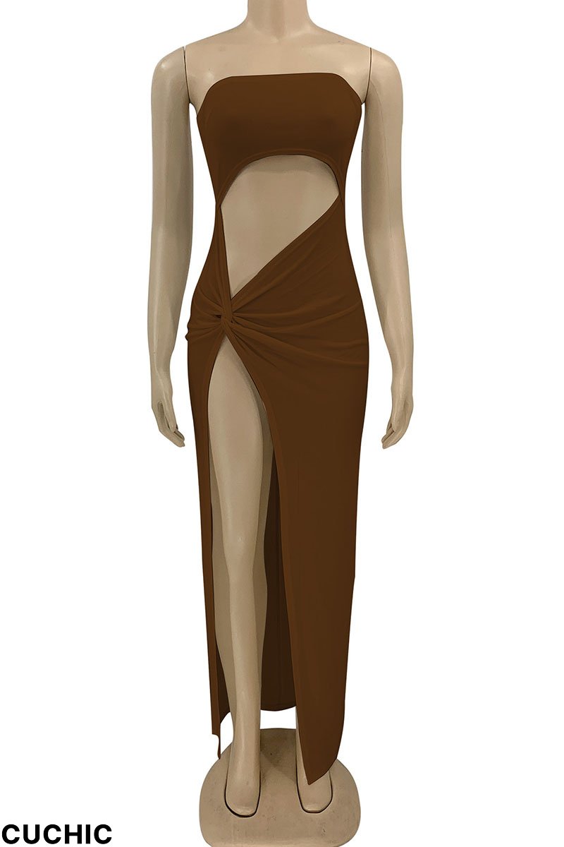 Coffee Sexy Solid Hollowed Out Split Joint Fold Strapless Straight Dresses-CuChic