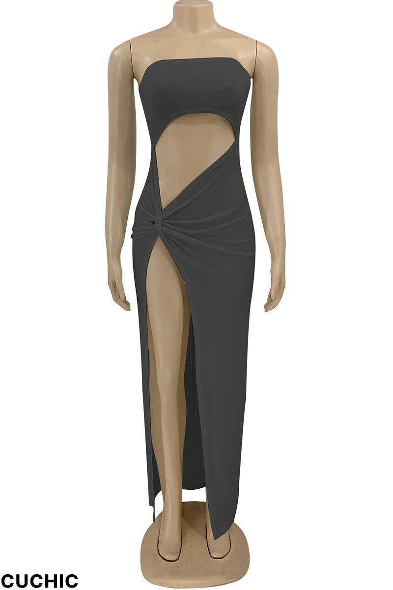 Coffee Sexy Solid Hollowed Out Split Joint Fold Strapless Straight Dresses-CuChic