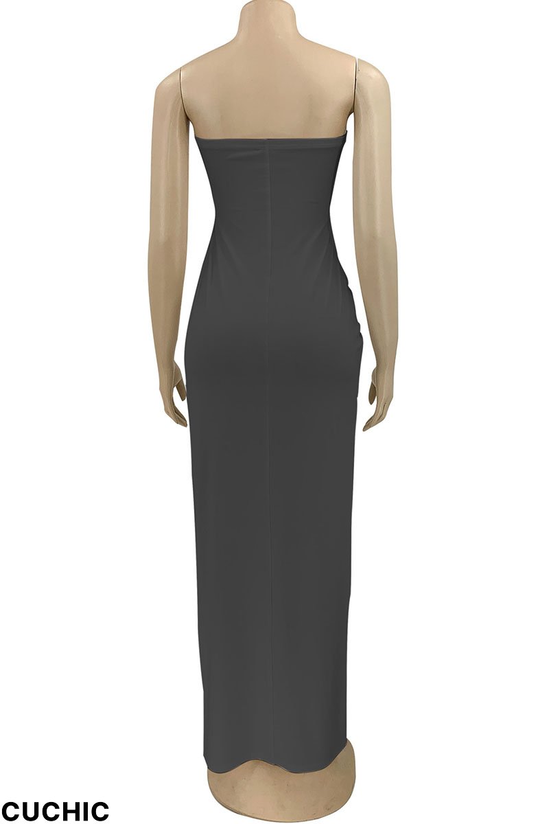Coffee Sexy Solid Hollowed Out Split Joint Fold Strapless Straight Dresses-CuChic