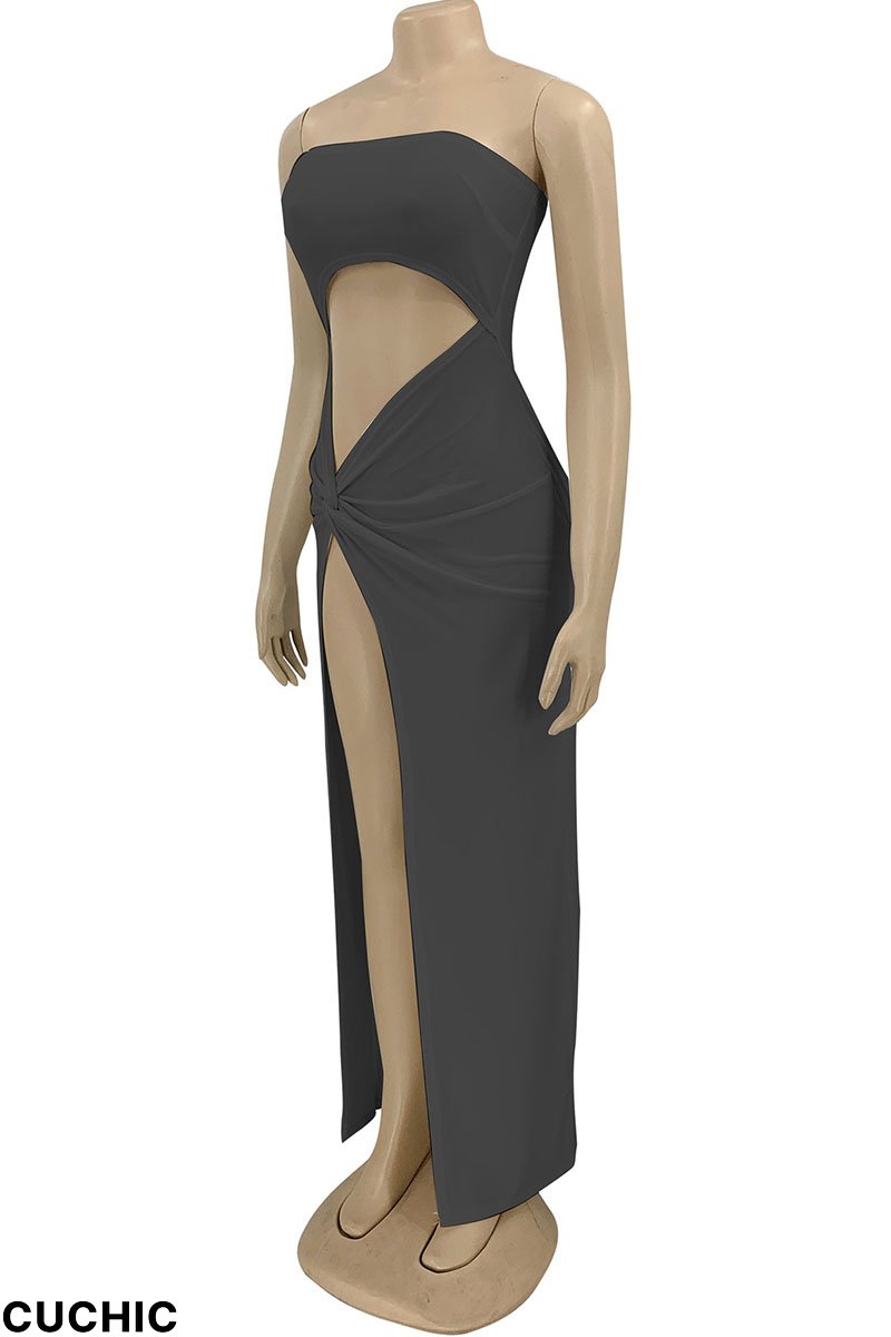 Coffee Sexy Solid Hollowed Out Split Joint Fold Strapless Straight Dresses-CuChic