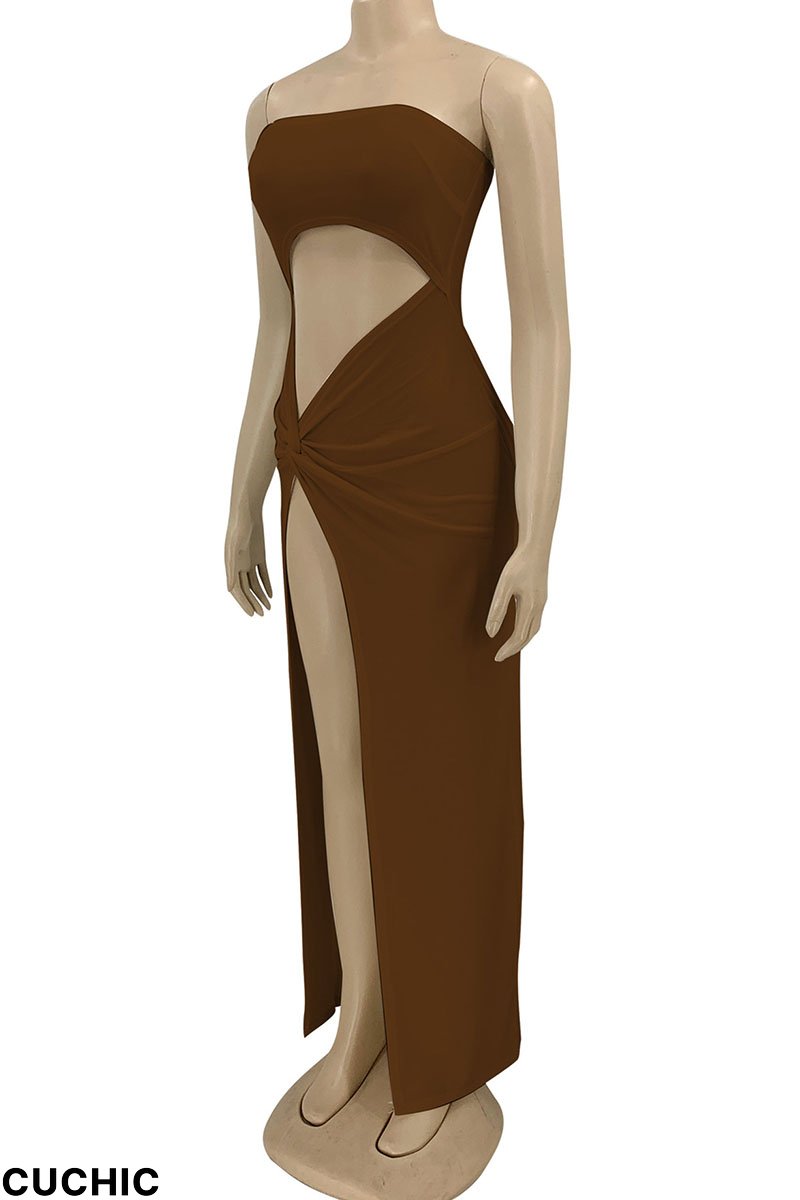 Coffee Sexy Solid Hollowed Out Split Joint Fold Strapless Straight Dresses-CuChic