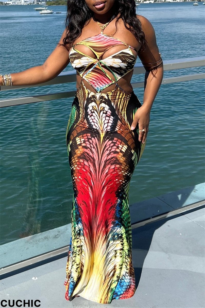 Multicolor Fashion Sexy Print Bandage Backless Halter Sleeveless Dress-CuChic