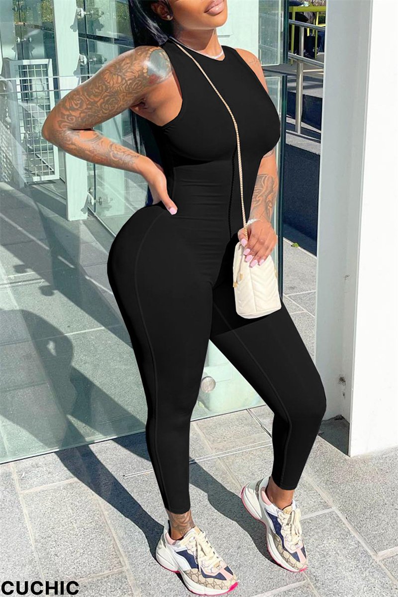 Black Fashion Casual Solid Basic O Neck Skinny Jumpsuits-CuChic