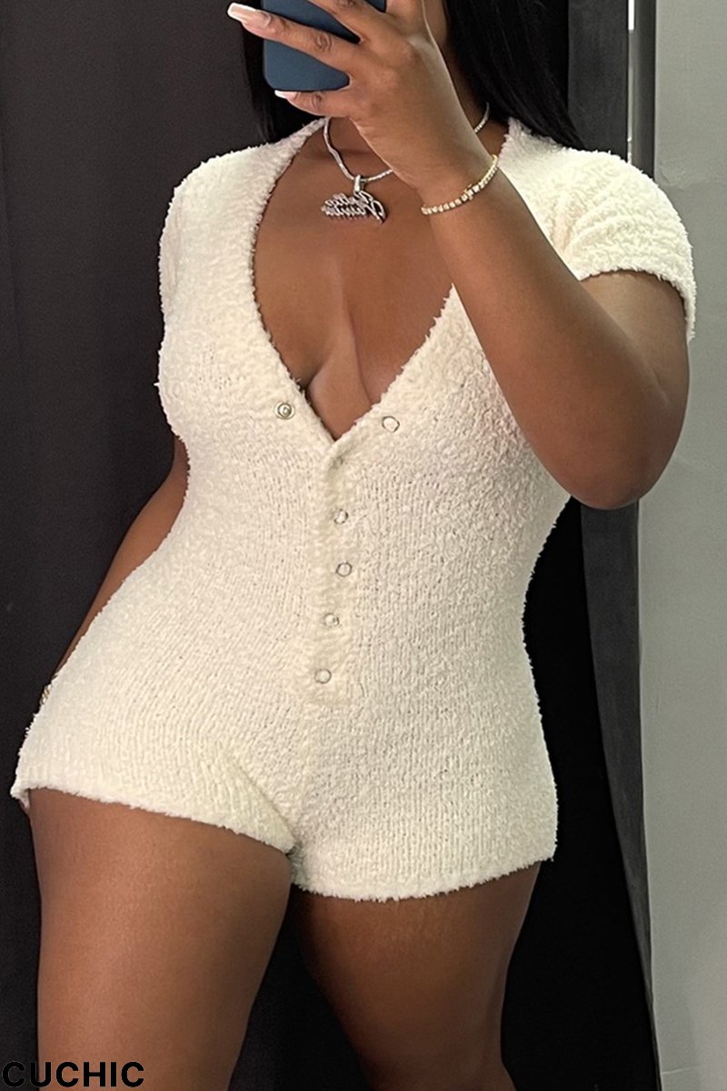 Cream White Fashion Casual Skull Head Solid Basic V Neck Skinny Romper-CuChic