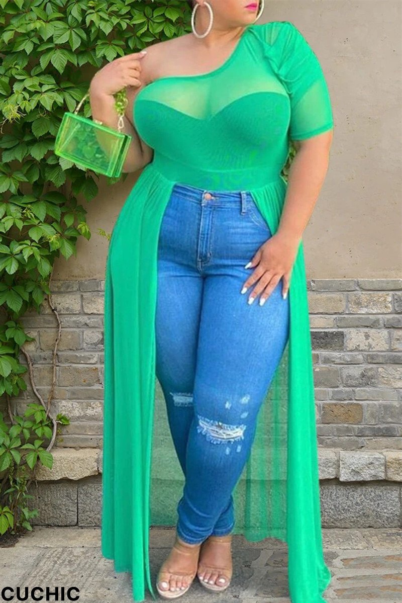 Green Sexy Plus Size Single Sleeve Irregular Top-CuChic