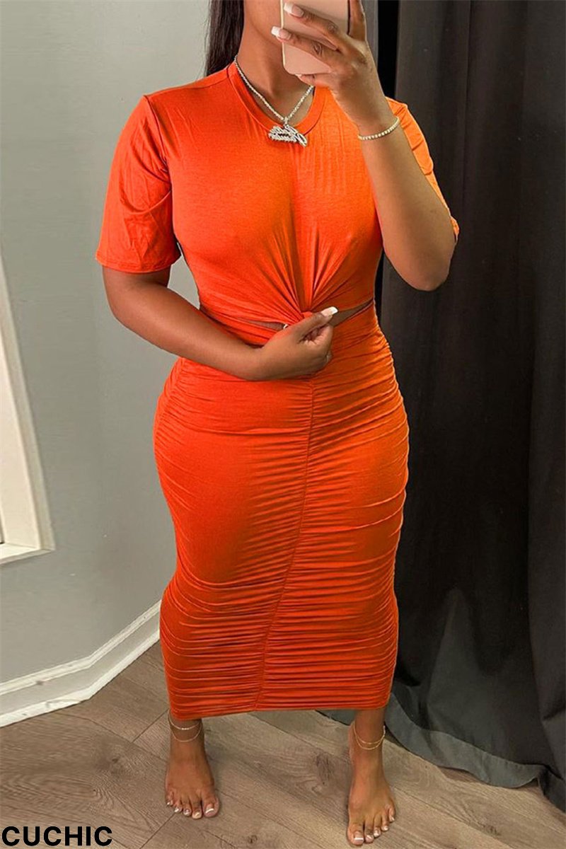 Orange Fashion Sexy Solid Hollowed Out Fold O Neck Short Sleeve Dress-CuChic