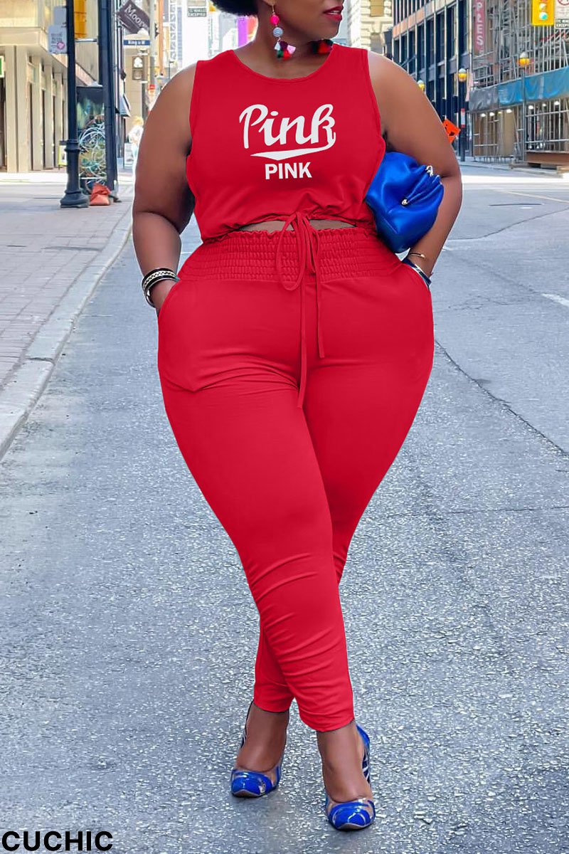 Red Casual Print Patchwork Frenulum O Neck Plus Size Two Pieces-CuChic